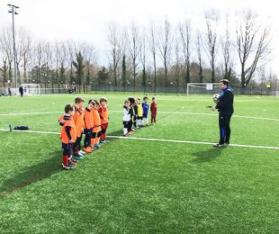 Children watching the coach as they learn how to play football on the pitch